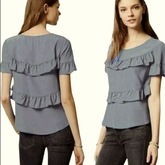 Anthropologie HD in Paris gray silk ruffle blouse size small - Picture 1 of 7